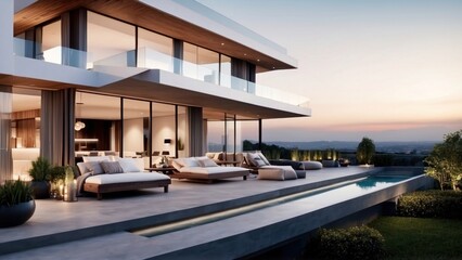 Fototapeta premium Modern villa with a rooftop terrace, providing panoramic views and an ideal space for outdoor entertainment