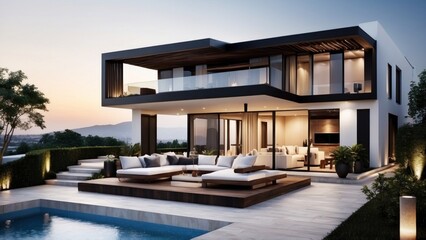 Fototapeta premium Modern villa with a rooftop terrace, providing panoramic views and an ideal space for outdoor entertainment