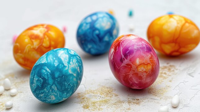 The colorful and artfully painted Easter eggs nestled amidst lush grass and blossoming flowers create a joyful and festive Easter scene, embracing the spirit of the season.