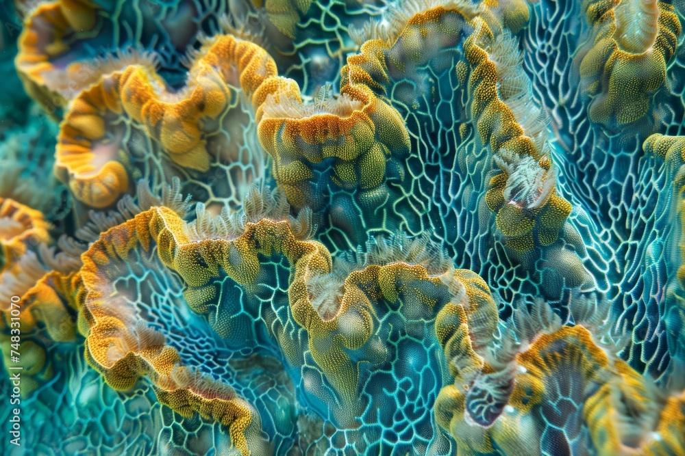 Poster close-up of a vibrant coral texture showcasing nature's intricate patterns and vivid colors underwat