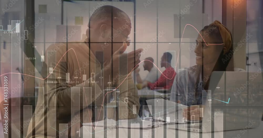 Poster animation of data processing and diagrams over diverse colleagues discussing work
