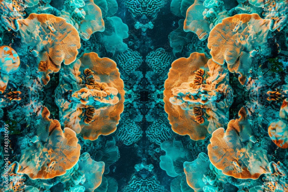 Aufkleber An abstract image featuring vibrant orange corals arranged symmetrically against a teal backdrop, creating a visually captivating pattern