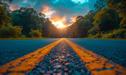 Foto op Aluminium beautiful sun rising sky with asphalt highways road in rural scene. © Tjeerd