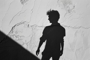 A monochromatic image capturing a shadow of a person projected on a textured cracked wall