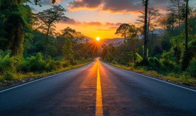 beautiful sun rising sky with asphalt highways road in rural scene.