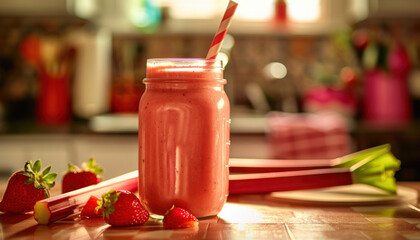 Strawberry rhubarb smoothie, strawberry smoothie, berry smoothie, healthy smoothie, smoothie in a...