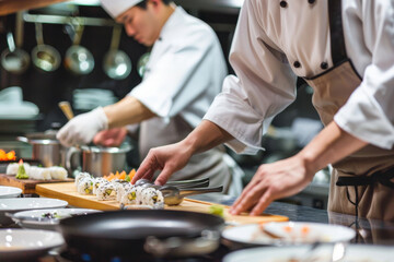 Professional chefs are shown making sushi rolls in a commercial kitchen, capturing the art of Japanese cuisine
