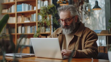 Portrait of senior man in eyeglasses using laptop while sitting at home