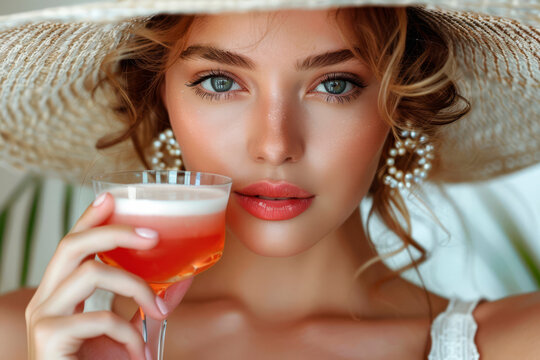 close up of a beautiful young woman in stylish hat drinking a cocktail with one hand gracefully around the glass on a white background.