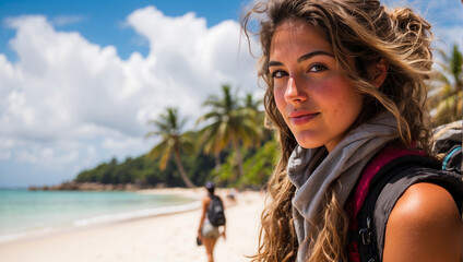 Fototapeta na wymiar close up a backpacker with a beautiful beach background