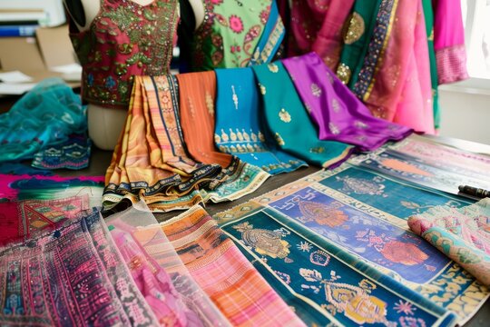 Vibrant array of Indian fabrics showcasing patterns and colors unique to South Asian culture and fashion