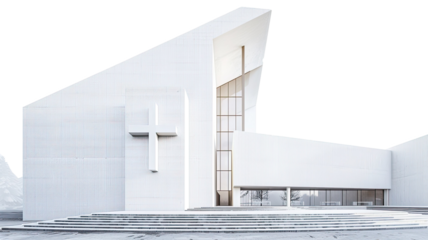 modern architecture of christian chruch with white wall and glass window decorated with white cross in the facade