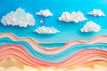 Sea beach with sky and cloud made of paper cut. paper art background.