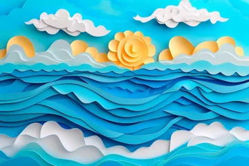 Cercles muraux Turquoise Sea beach with sky and cloud made of paper cut. paper art background.
