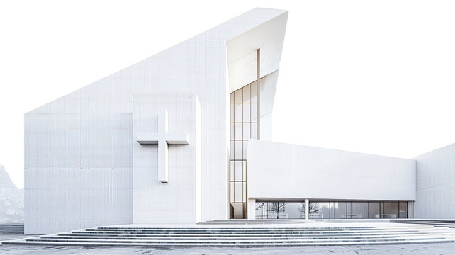 modern architecture of christian chruch with white wall and glass window decorated with white cross in the facade - Powered by Adobe