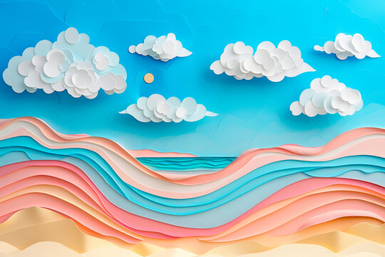 Fototapeta Sea beach with sky and cloud made of paper cut. paper art background.