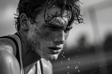 Close up of a drenched individual standing in the rain showcasing the emotion of gloominess and solitude