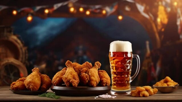 beer glass and fried chicken on festival background created with generative ai