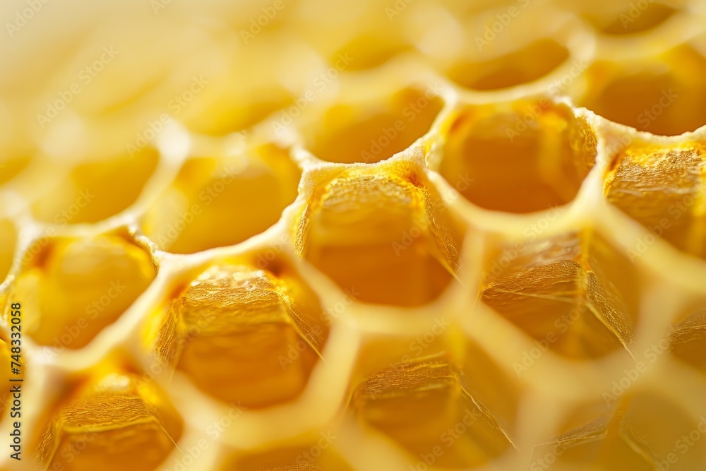 Poster A macro shot capturing the intricate details of a honeycomb, showcasing the beauty of its golden texture and pattern