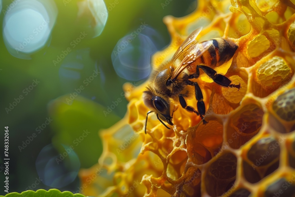 Poster Macro shot capturing the intricate details of a bee collecting nectar on a vibrant honeycomb, displaying nature's complexity