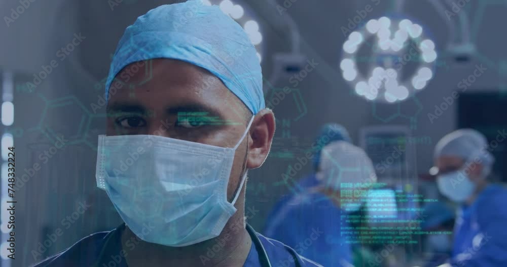 Poster animation of data processing and chemical formula over diverse surgeons in operating room
