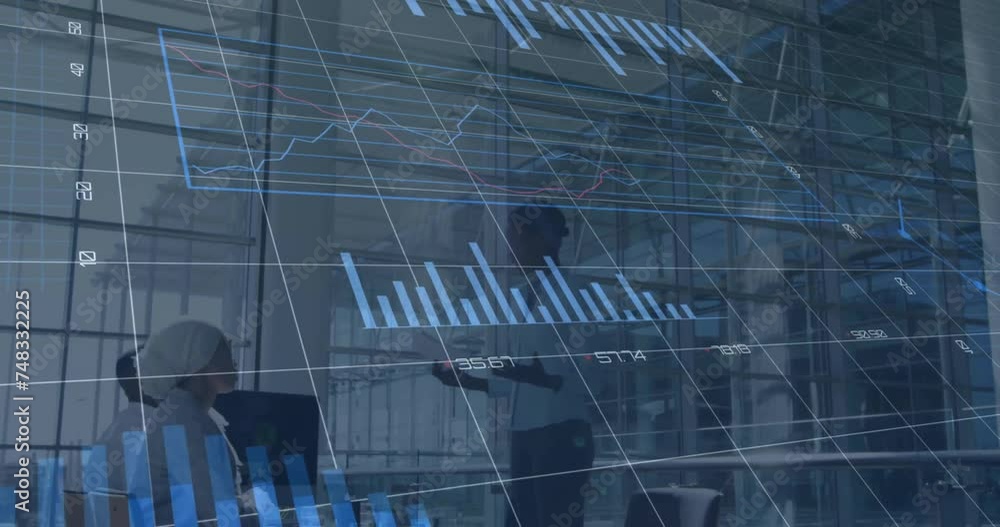 Poster animation of data processing and diagrams over diverse business people discussing work
