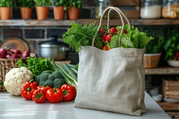 An eco friendly shopping bag with fresh produce  on a modern kitchen table