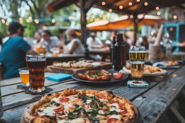 Diners enjoy beer and fresh pizza in a bustling restaurant setting, portraying socializing and urban dining culture