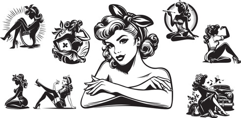 black and white illustration of pin-up girls shilouette vector - obrazy, fototapety, plakaty