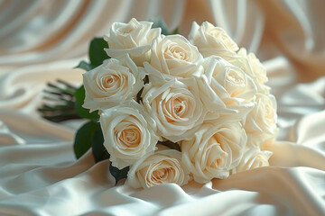 Wedding bouquet with white roses, succulents and green leaves on a white bed with pillow. Stems wrapped in white satin ribbon.