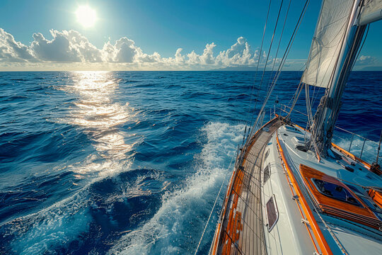 White yacht sailing on a clear sunny day. Close-up view from the deck to the bow and sails. Waves and water splashes.