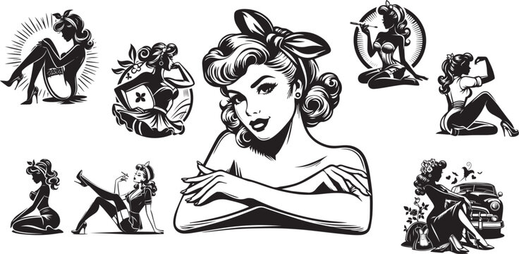 black and white illustration of pin-up girls shilouette vector