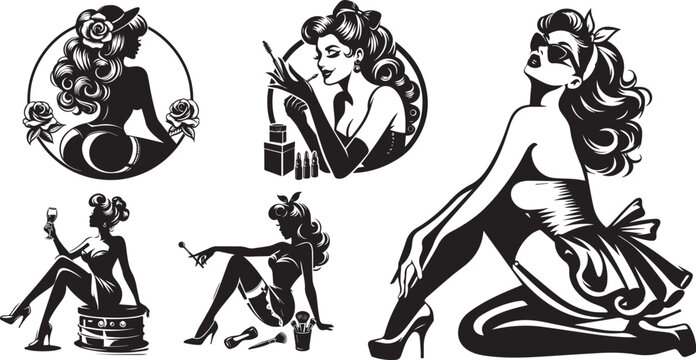 illustration of a pin-up girl set, beauty womans