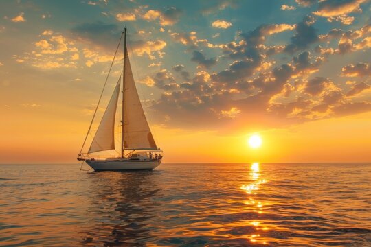 A stunning image of a sailboat sailing in calm waters, with a breathtaking sunset providing a perfect backdrop