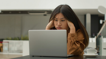 Stressed tired Asian woman female office worker businesswoman chinese korean japanese girl...