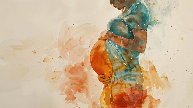 A pregnant woman in despair. depressed pregnant girl on a beige background. Nervous breakdown.  watercolor art