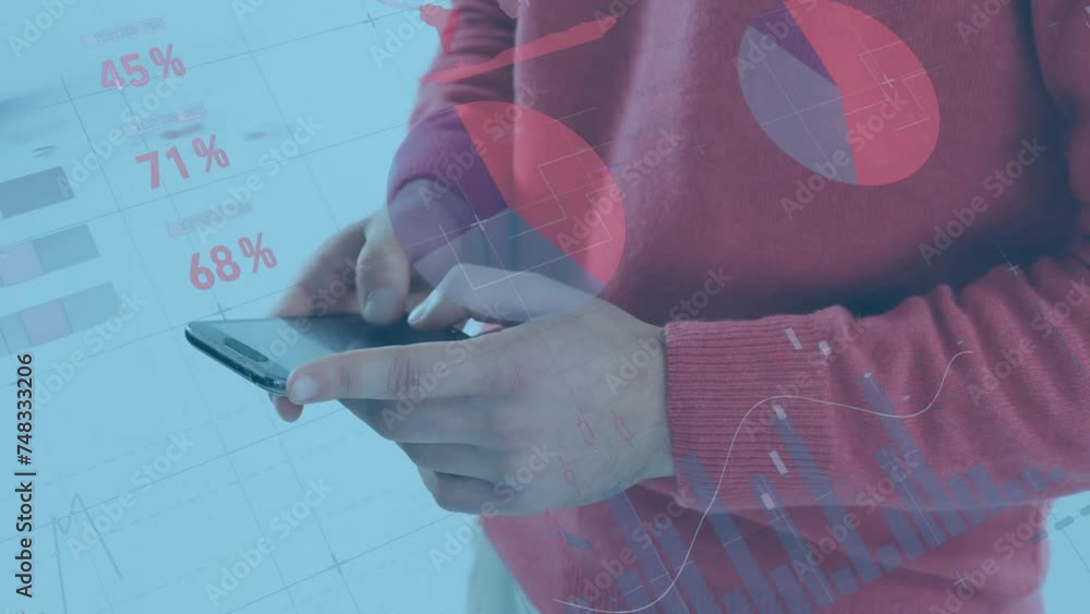 Poster animation of diagrams and data processing over biracial man using smartphone