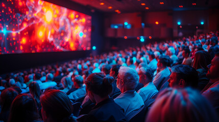 Cutting-edge medical tech showcased in a futuristic auditorium with a giant screen