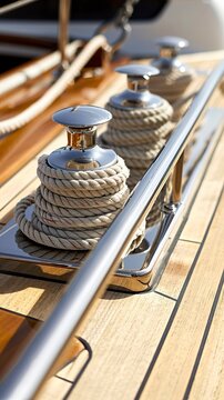 Close-up of a yacht rope cleat securely on the deck of the sailboat. Detailed image of the cleat with a robust and reliable design that guarantees stability and control of the sailboat.