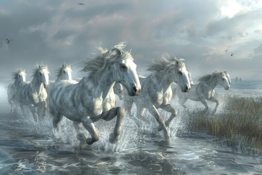 White Horses Herd in Wild, Running Stallion by Seaside, Beautiful Grey Horse, Sun Rays, Copy Space