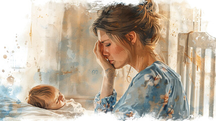 Depressed young woman crying, Postpartum depression.Postpartum postnatal depression PPD.  Tired sad woman sits near the cradle with a newborn baby. 