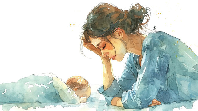 Depressed young woman crying, Postpartum depression.Postpartum postnatal depression PPD.  Tired sad woman sits near the cradle with a newborn baby. 