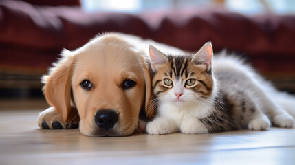 Puppy and small kitten on a white background.
