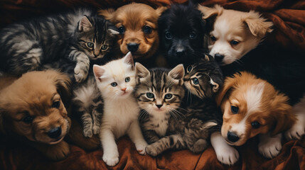 Little puppies and cats on the carpet