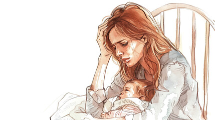 Depressed young woman crying, Postpartum depression.Postpartum postnatal depression PPD.  Tired sad woman sits near the cradle with a newborn baby. 