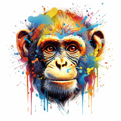 Monkey drawn with multi-colored paints on a white background.