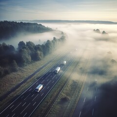 Fog Road, Foggy Highway, Autumn Smoke, City Smog, Perspective Fog Highway Landscape