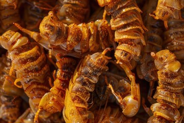 Pupa, Silkworm Fried Food Texture Background, Fried Insect Pattern Top View, Meat Substitute Banner