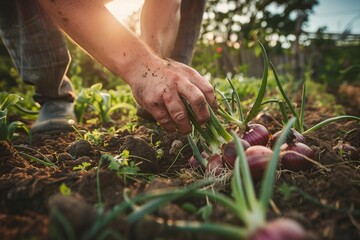 harvesting of onions in the garden