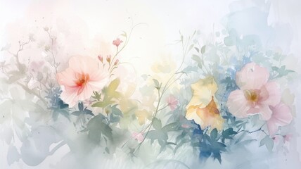 Fototapeta na wymiar Delicate watercolor flowers bloom in a misty, ethereal landscape, with a gentle blend of pastel hues creating a peaceful and dreamy artistic expression